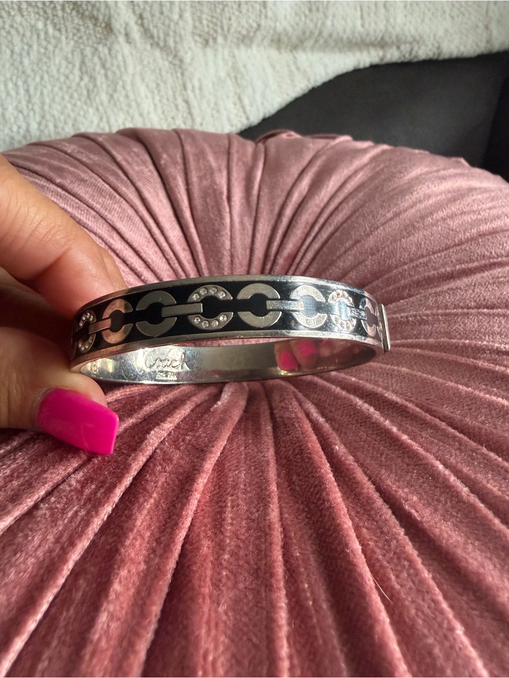 Silver Coach Link Bangle Bracelet with Black Enamel